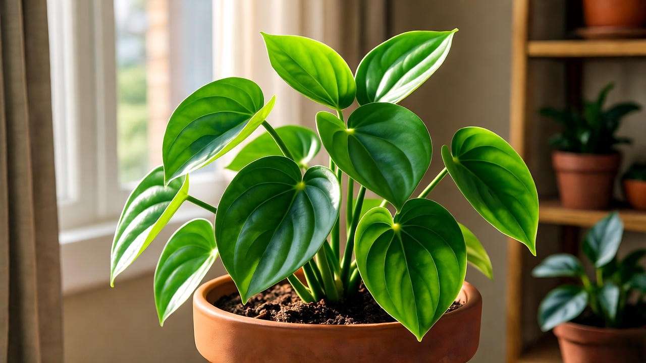 Vibrant happy bean plant thriving in bright indirect light near a window with well-draining soil.