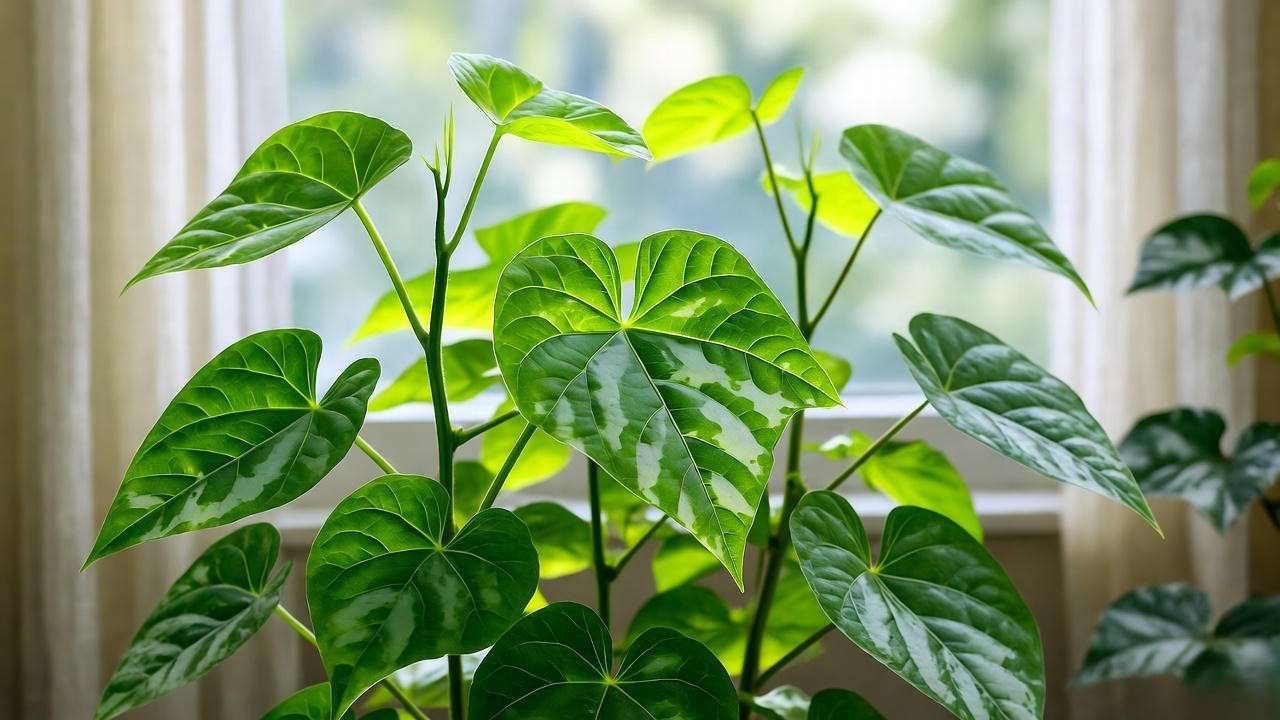 A thriving Cissus discolor plant in bright indirect sunlight near a window, showcasing vibrant green and silver variegated leaves."