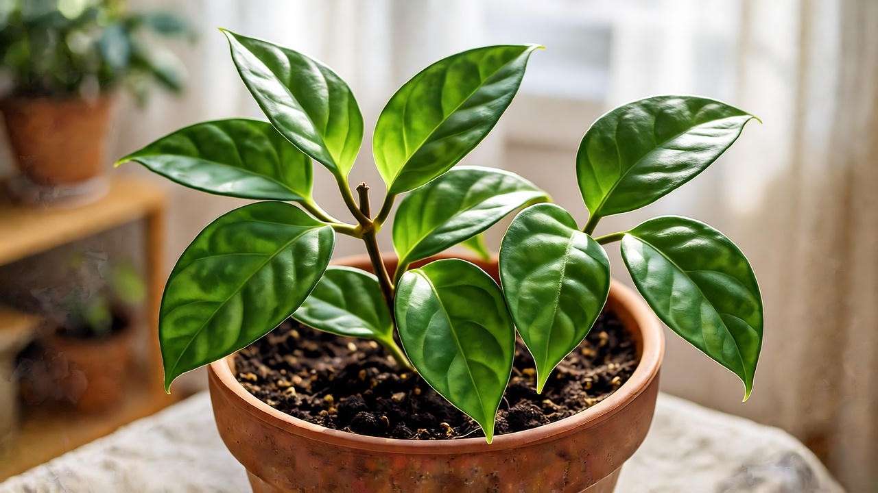 Hoya Chelsea plant thriving in bright indirect light with glossy leaves in a terracotta pot."