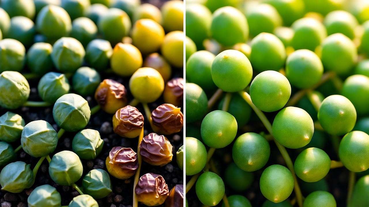 String of Pearls light problems: healthy vs shriveled low light vs sunburn yellow leaves