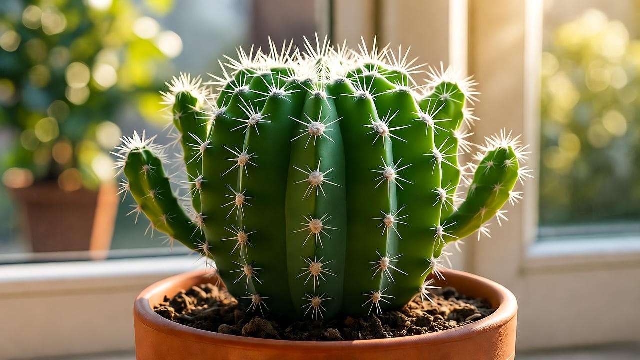 hedgehog plant thriving in bright morning sunlight on south-facing windowsill