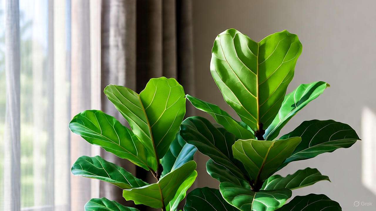 Close-up of a healthy ficus alii plant thriving in bright indirect light near a window"