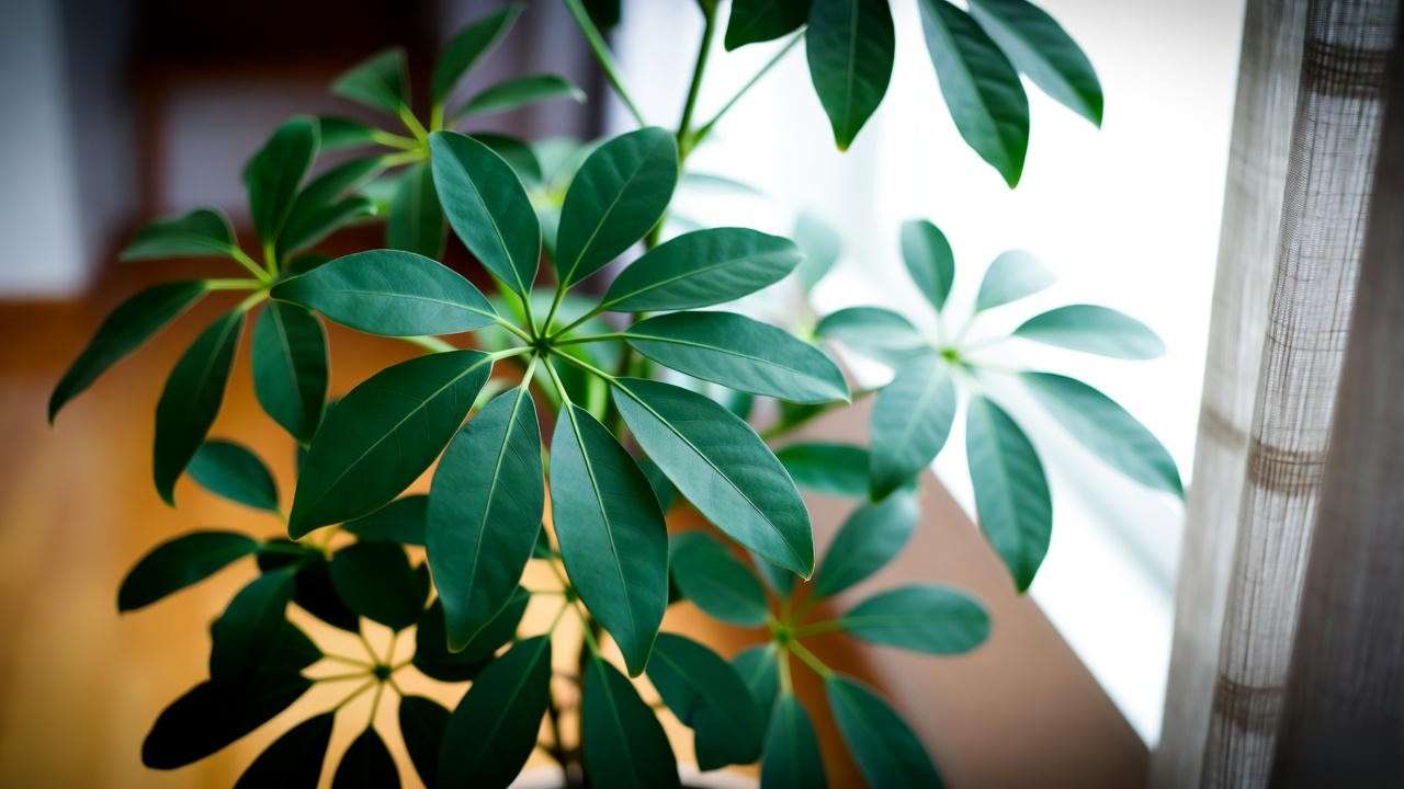 Schefflera plant thriving in bright indirect light near a window with glossy green leaves."