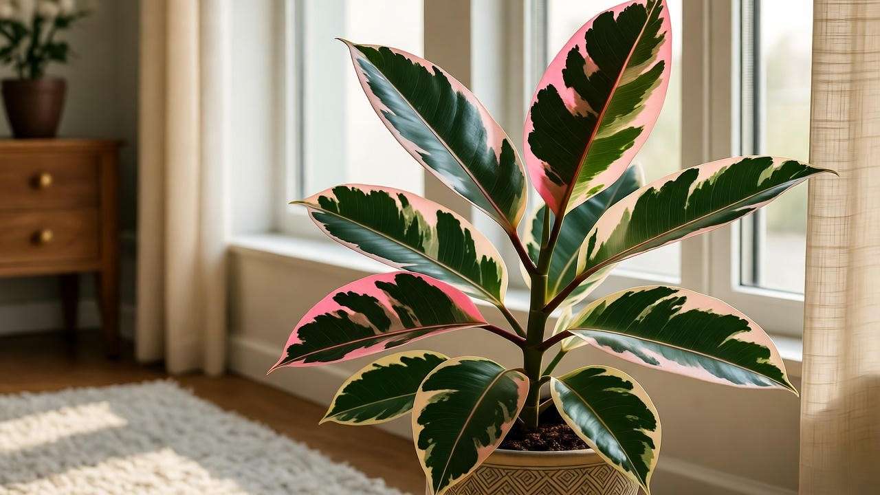 Variegated rubber plant thriving in bright indirect light near a window in a cozy living room."