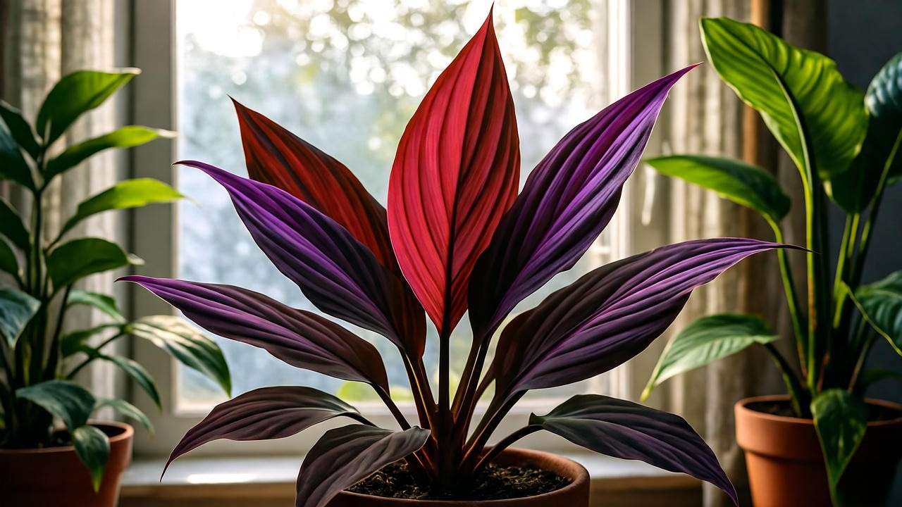 Dragon’s Tongue plant thriving in bright indirect light near a window with humid indoor setting."