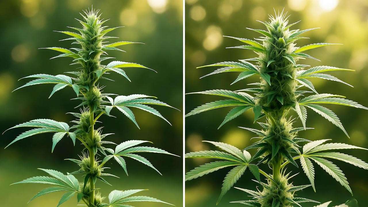 Before and after low-stress training (LST) on outdoor cannabis plant for higher yields