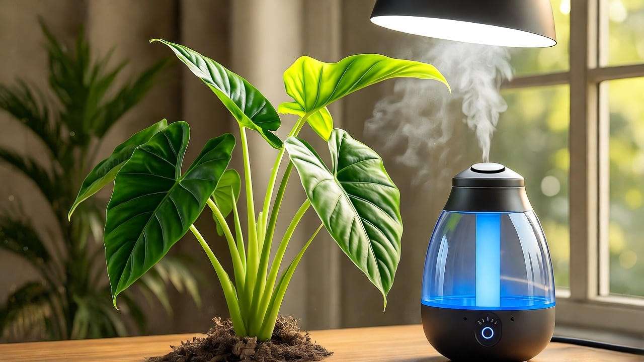 Alocasia Stingray Plant under a full-spectrum grow light next to a humidifier, illustrating the need for bright, filtered light and 60%+ humidity for Stingray Plant Care success.