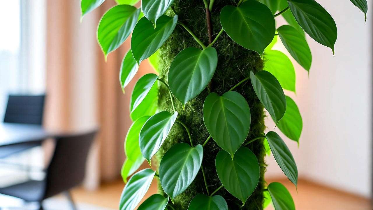 Close-up of a cordatum plant with heart-shaped leaves on a moss pole in bright indirect light."