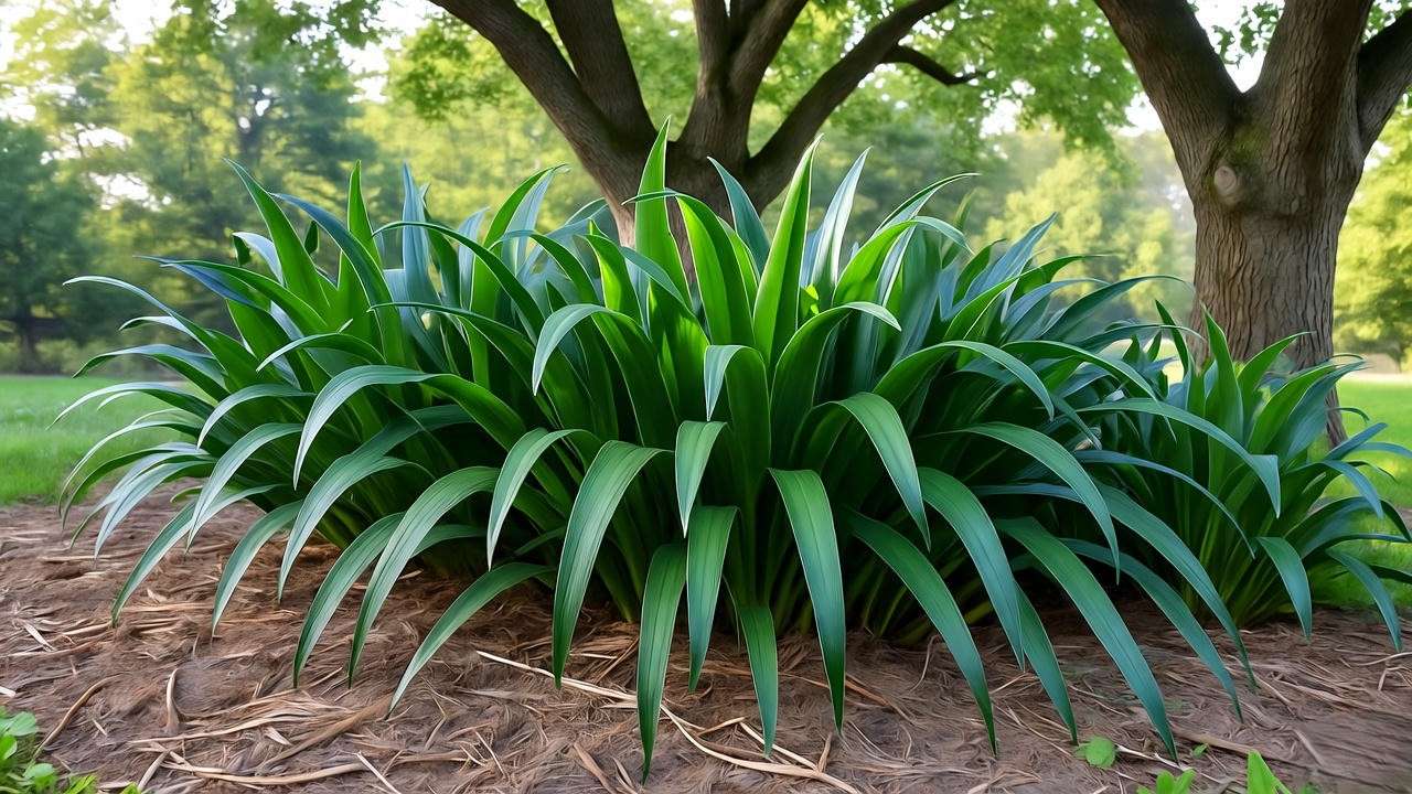 Liriope spicata groundcover under an oak tree with mulch for winter protection."