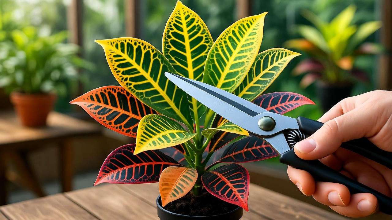 "Pruning a mature croton plant with vibrant leaves on a wooden table in a tropical garden."