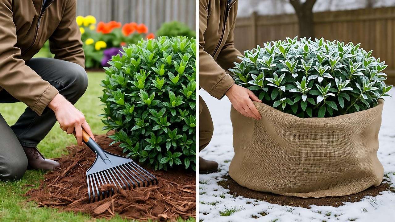 "Lilly pilly hedge with autumn mulching and winter frost protection in a garden."