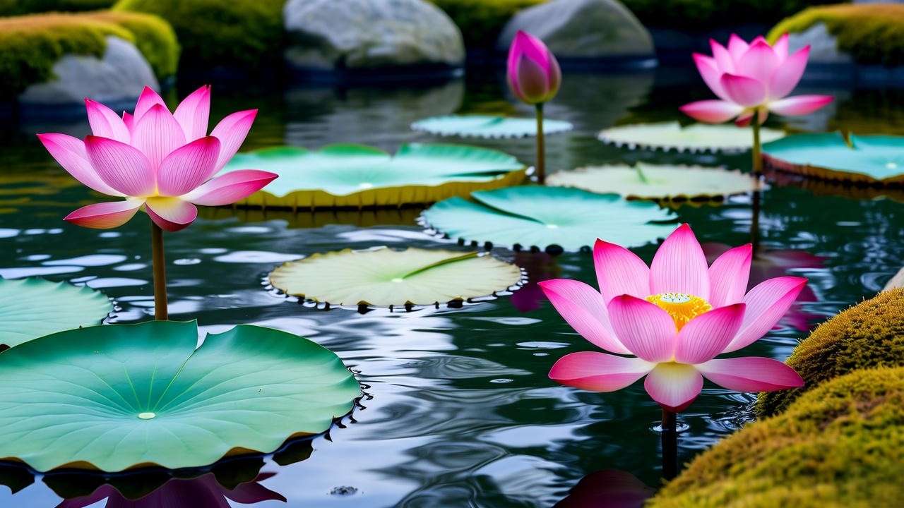 Serene pond with pink lotus flowers and green lily pads surrounded by stones