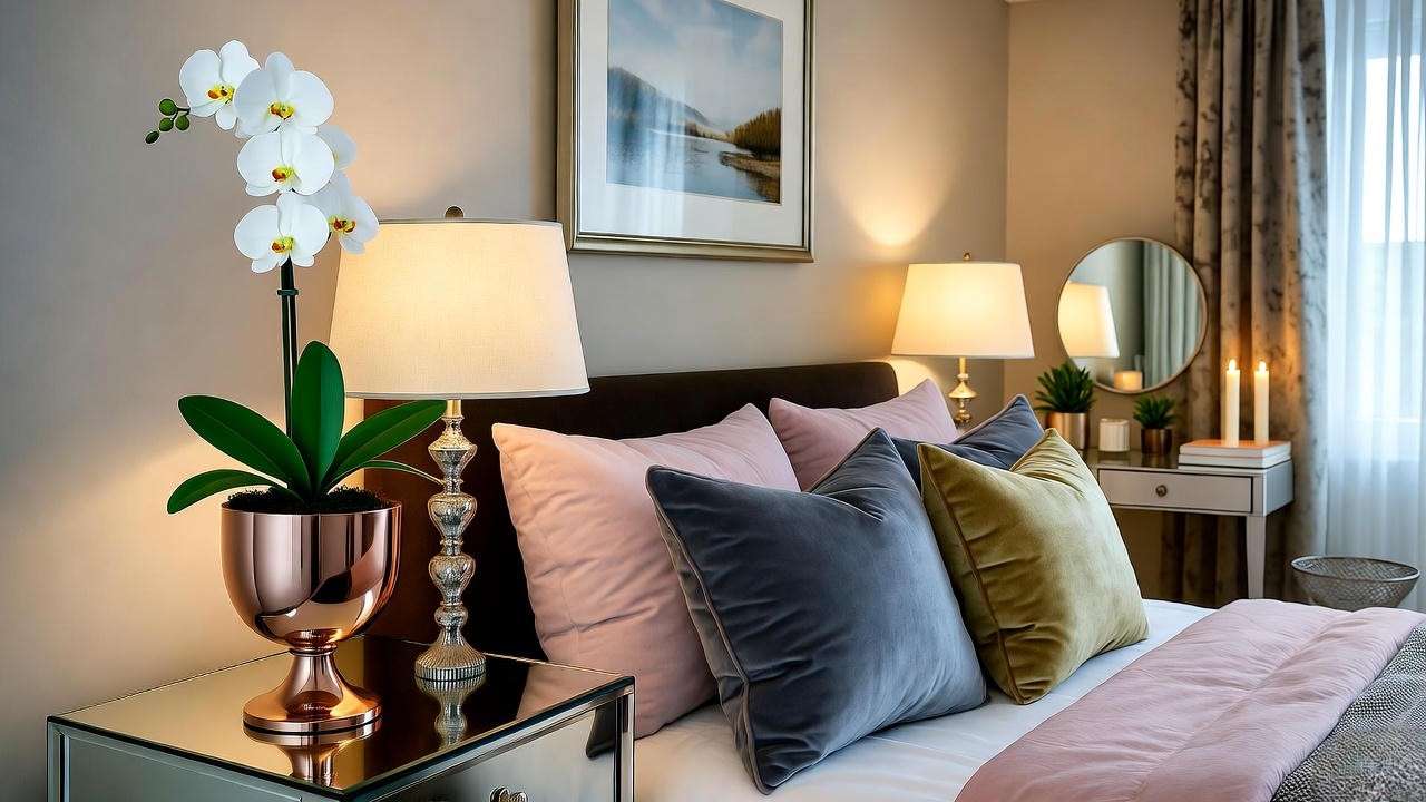 "Rose gold pedestal planter with white orchid in a chic bedroom".