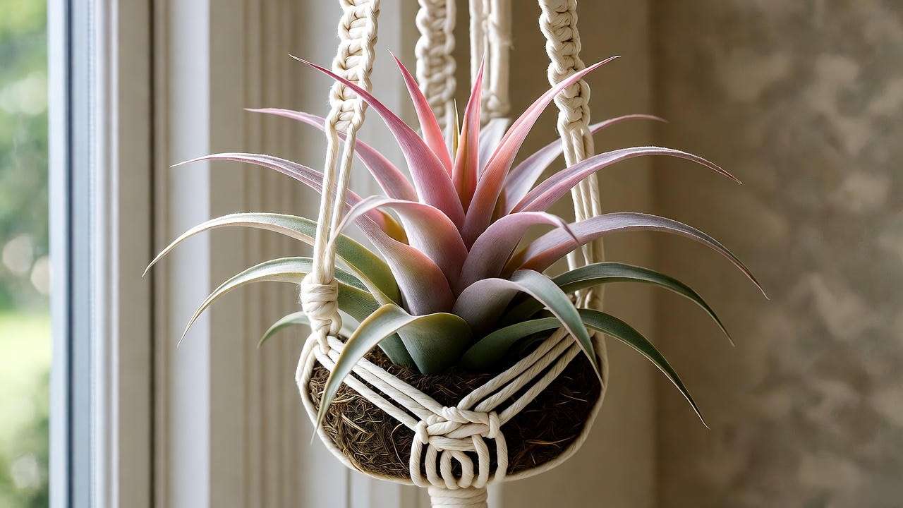 Macramé air plant hanging planter with pink Tillandsia ionantha in natural cotton cord 🌸🪢