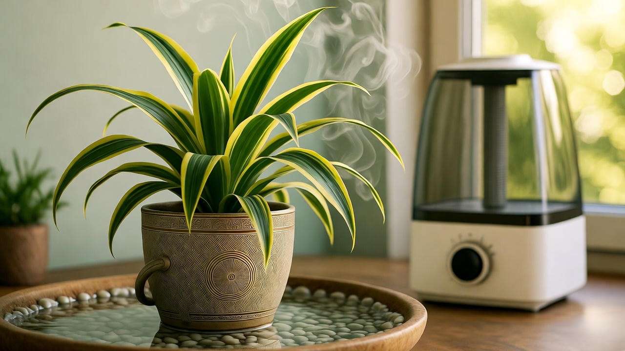 Mass cane plant on a pebble tray with a humidifier, creating a humid indoor environment.