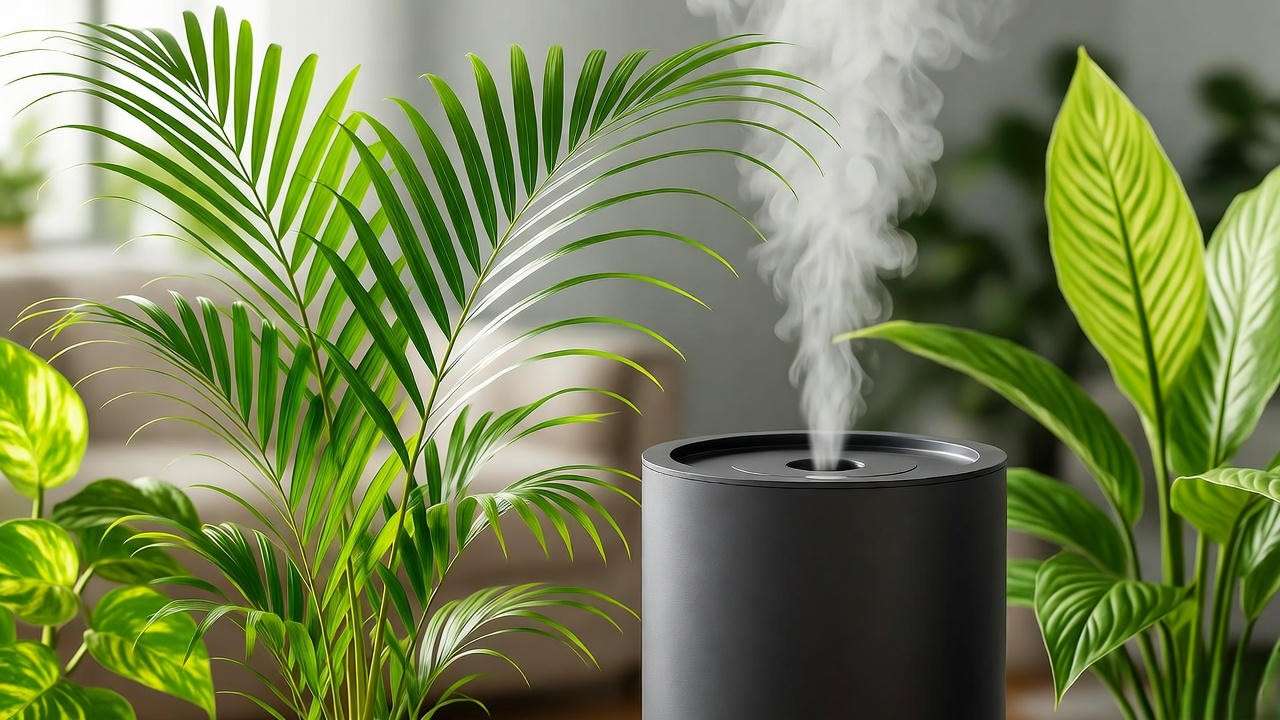 "Neanthe Bella Palm near a humidifier with mist in a stylish living room with tropical plants."