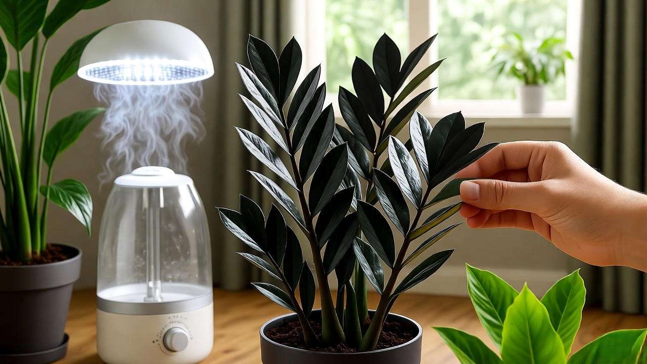 Healthy Raven ZZ Plant under grow light with humidifier and pruning in progress.