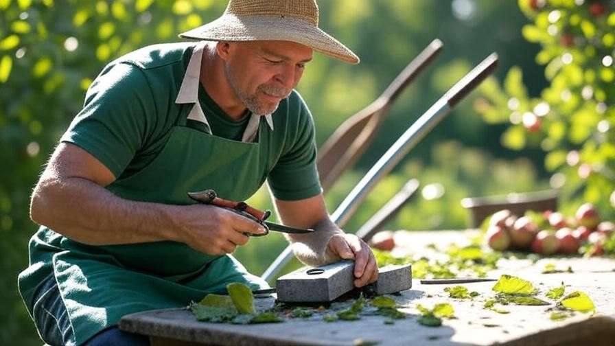 Gardener sharpening pruning shears with a whetstone in a garden with apple branches".
