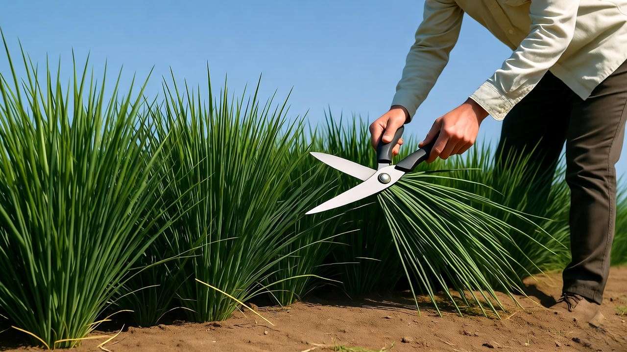 Maintaining vetiver grass with trimming for erosion control and garden care".