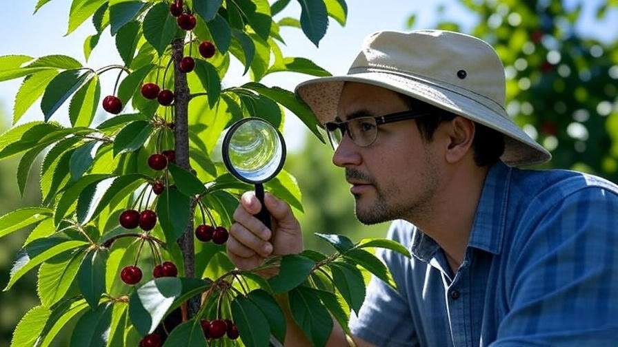 "Gardener inspecting cherry tree with magnifying glass for pest control."
