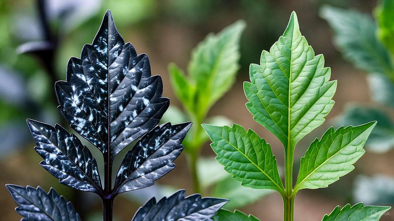 Black dahlia leaf with powdery mildew beside healthy leaf in garden".