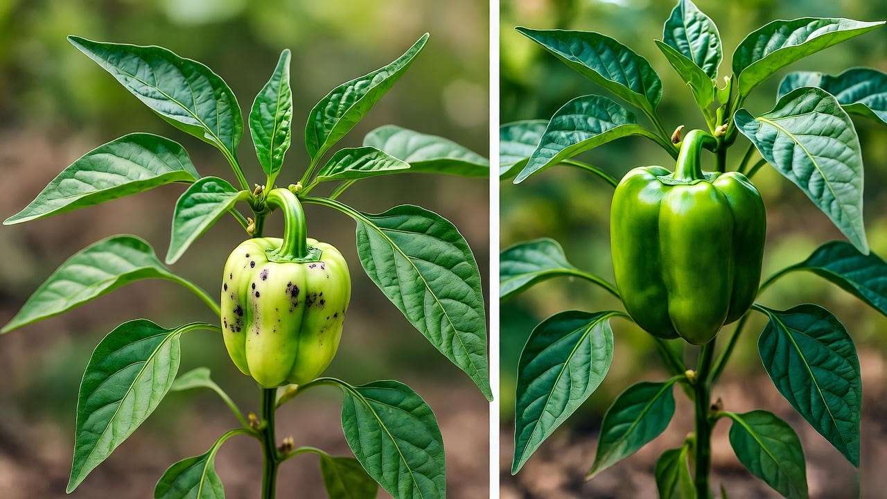Contrast between a pest-damaged and healthy Cubanelle pepper plant in a garden.