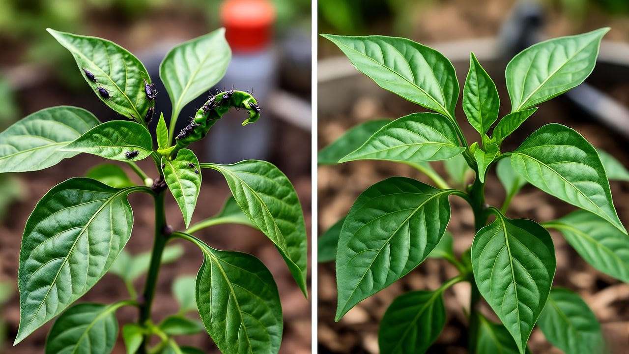 "Bruscotia pepper plant with aphids and a healthy plant treated with neem oil".