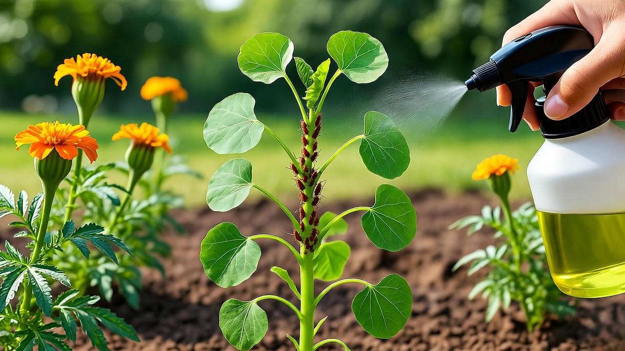 "Neem oil spray on methi plant with aphids and marigolds".