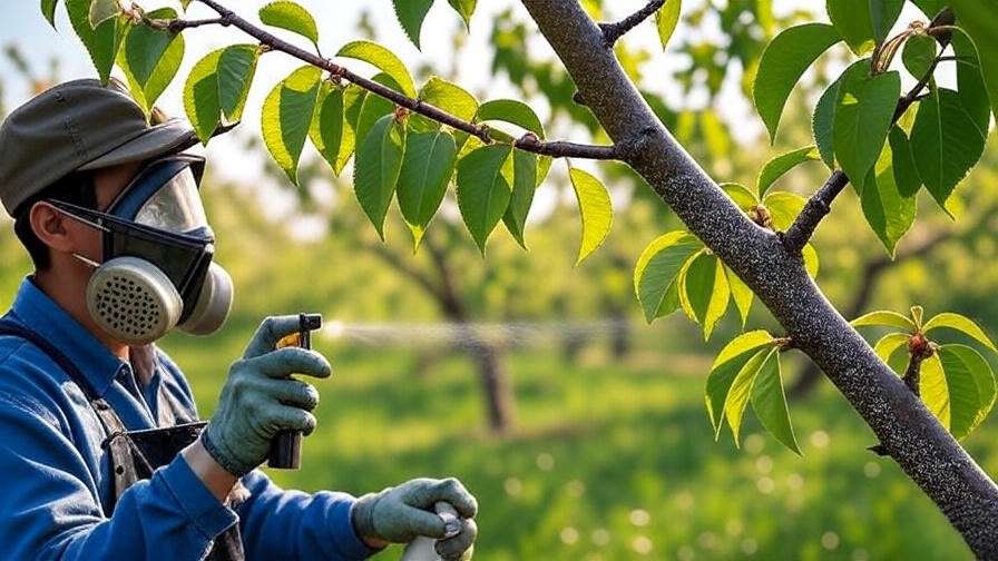 "Gardener spraying neem oil on cherry tree with aphid-damaged leaves".
