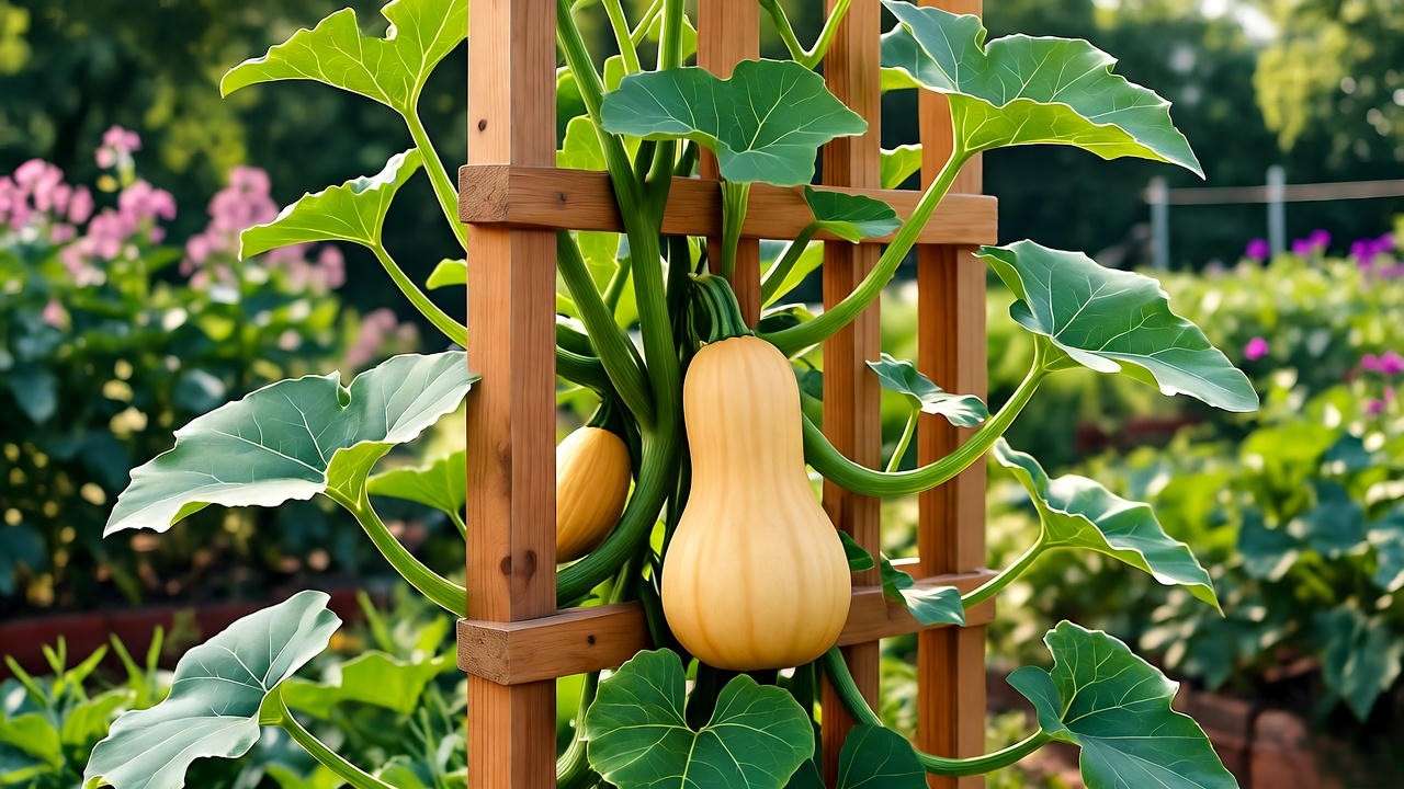 Butternut squash plant with vines trained on a trellis in a sunny garden."