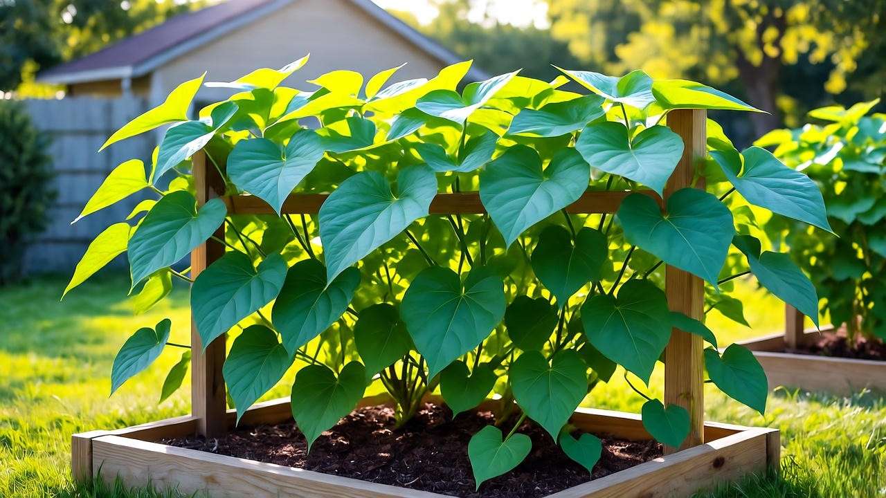 Lush green sweet potato vines growing over a wooden trellis in a sunny garden, with mulched soil and plants in the background.