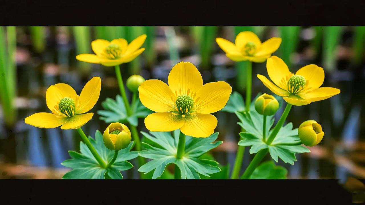 Close-up of Marsh Marigold yellow blooms near a shaded wetland water edge."