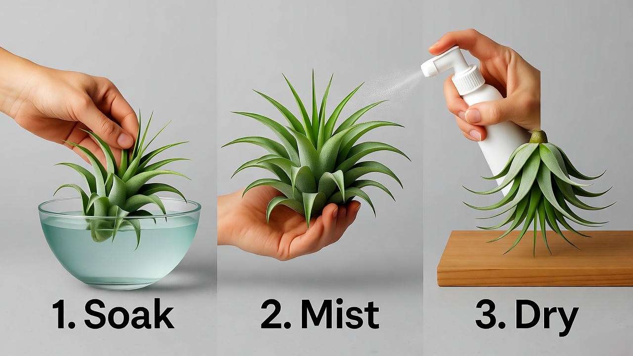 Step-by-step process of soaking and misting an air plant for proper watering."