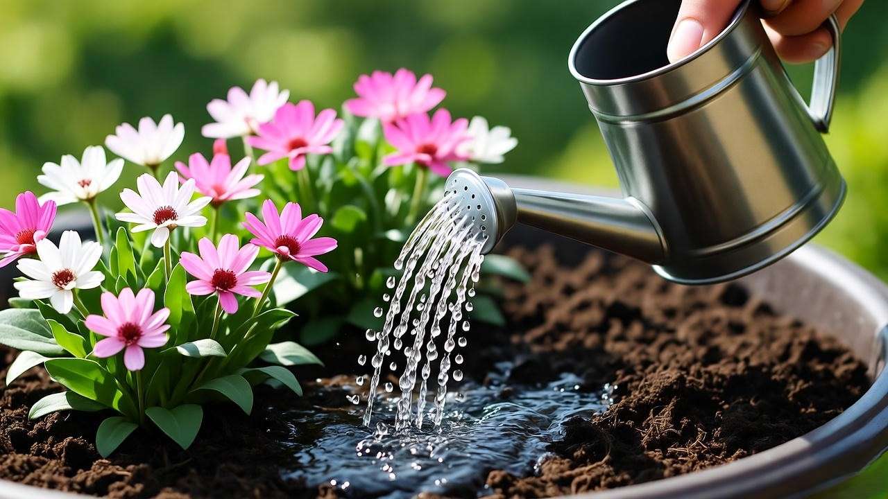 Gardener watering double impatiens plants with a can in a shady container garden