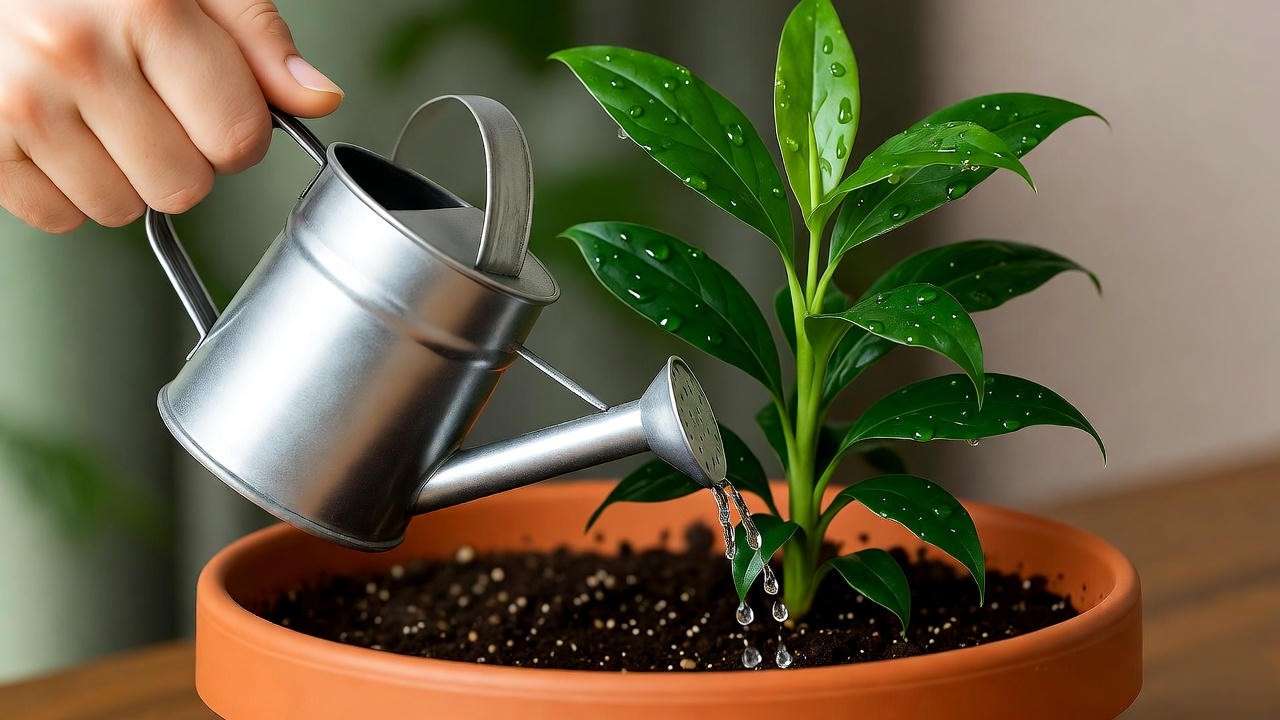 Hand watering a mass cane plant in a terracotta pot, with water droplets on glossy leaves.