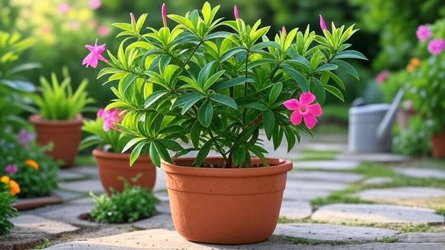 Dipladenia plant in a pot with watering can and moist soil".