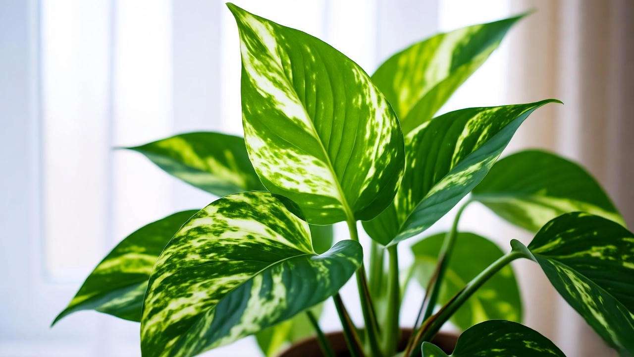 "Close-up of a healthy variegated pothos plant in bright indirect light for optimal growth".