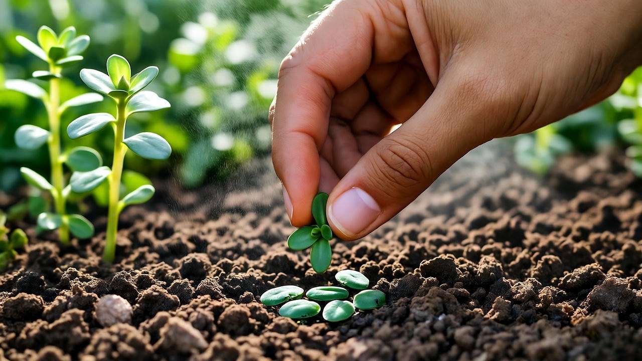 Hands sowing purslane seeds with water mist