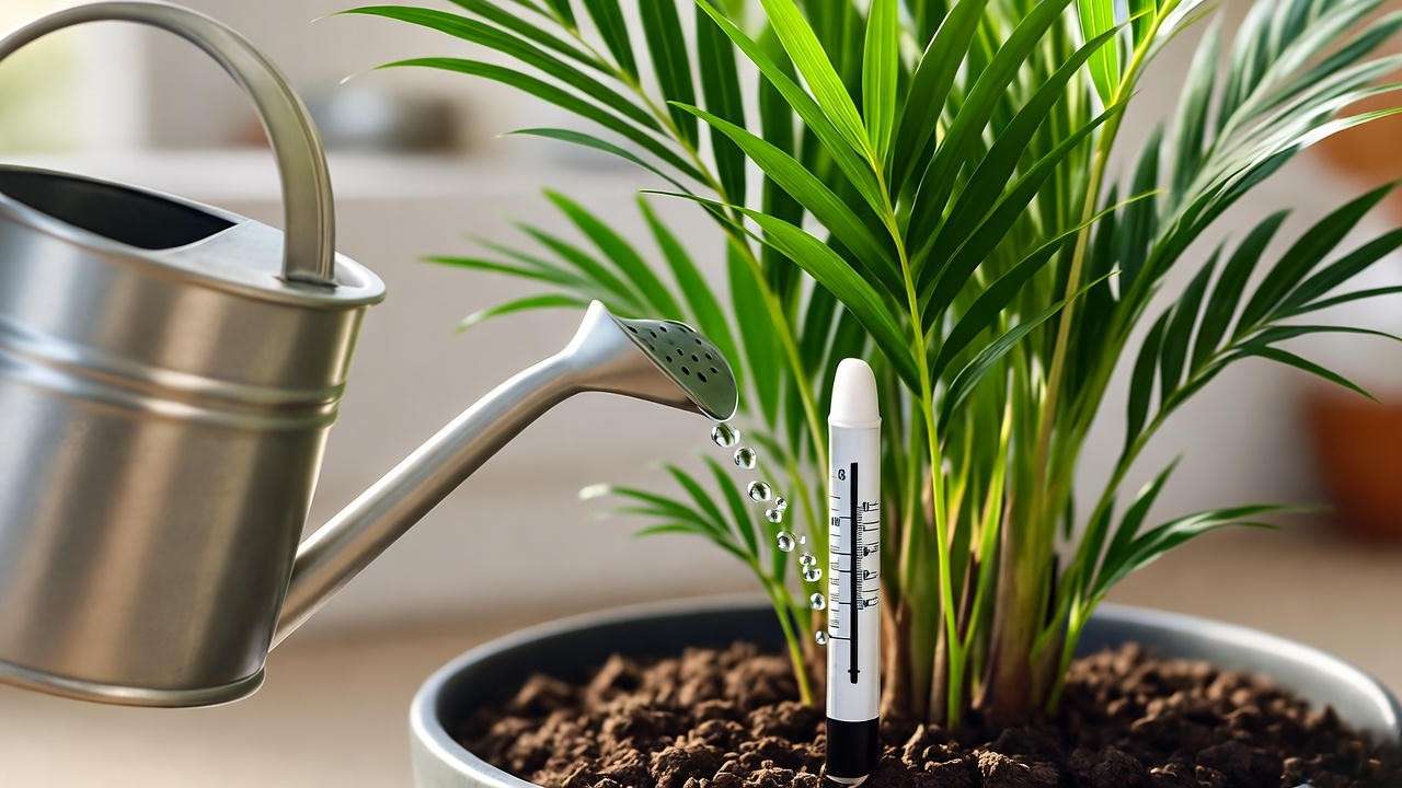 "Neanthe Bella Palm plant being watered with a moisture meter in a cozy indoor setting."