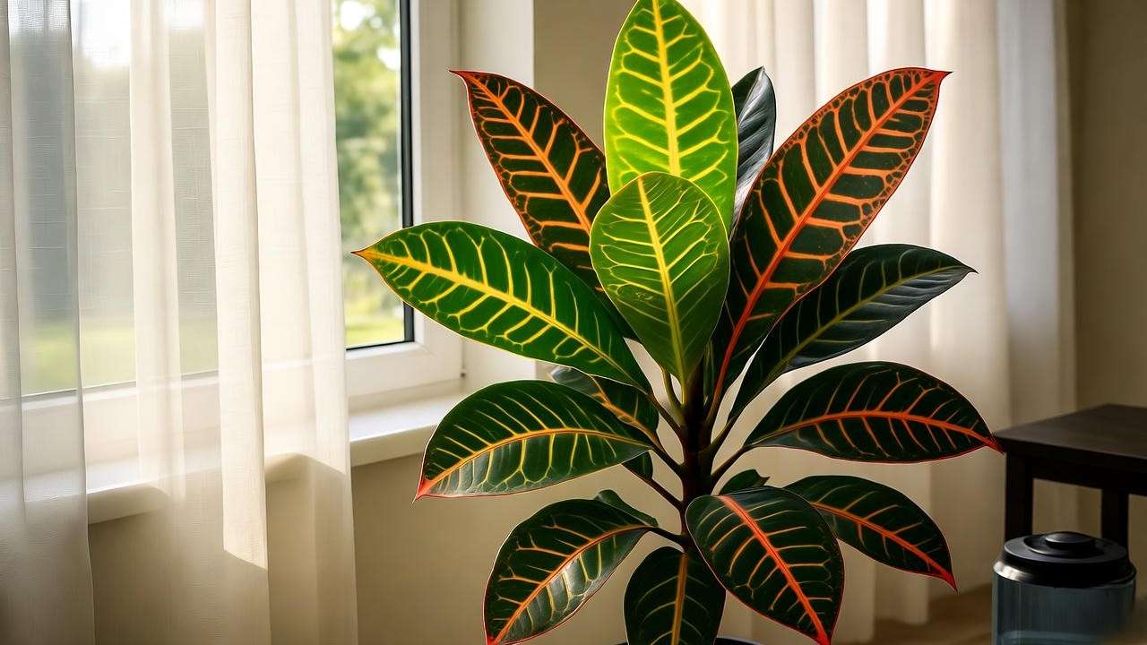 Croton Petra plant in bright, indirect light near a window, highlighting optimal lighting for vibrant foliage.