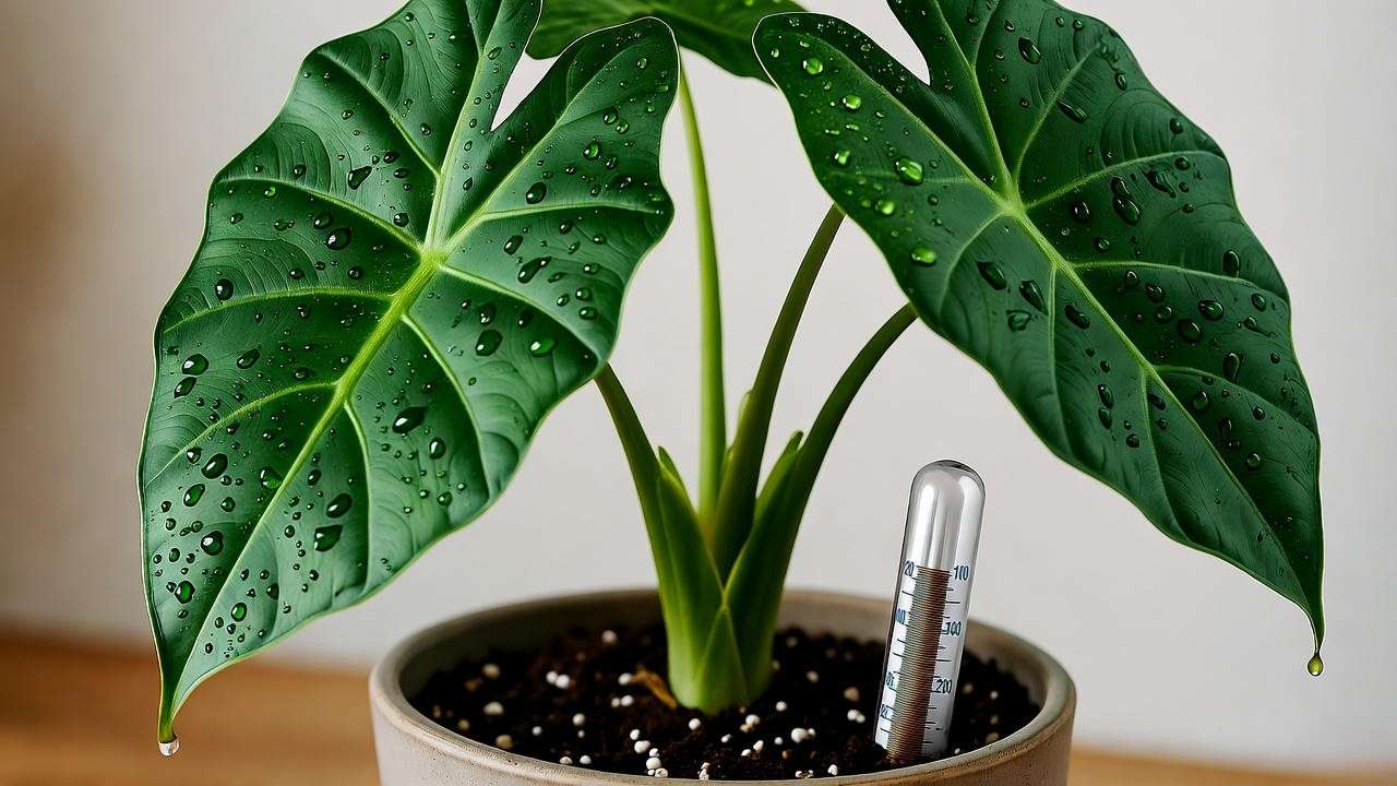 Alocasia plant with a moisture meter in well-draining soil for proper watering"