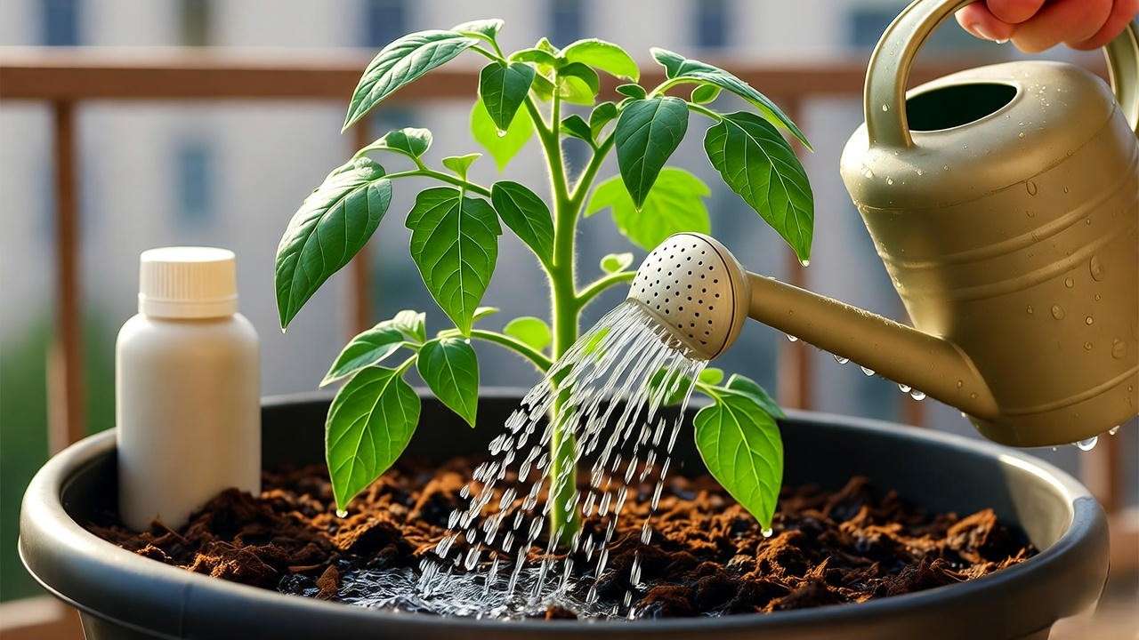 Watering and fertilizing patio tomato plants with consistent moisture and nutrients for healthy growth.