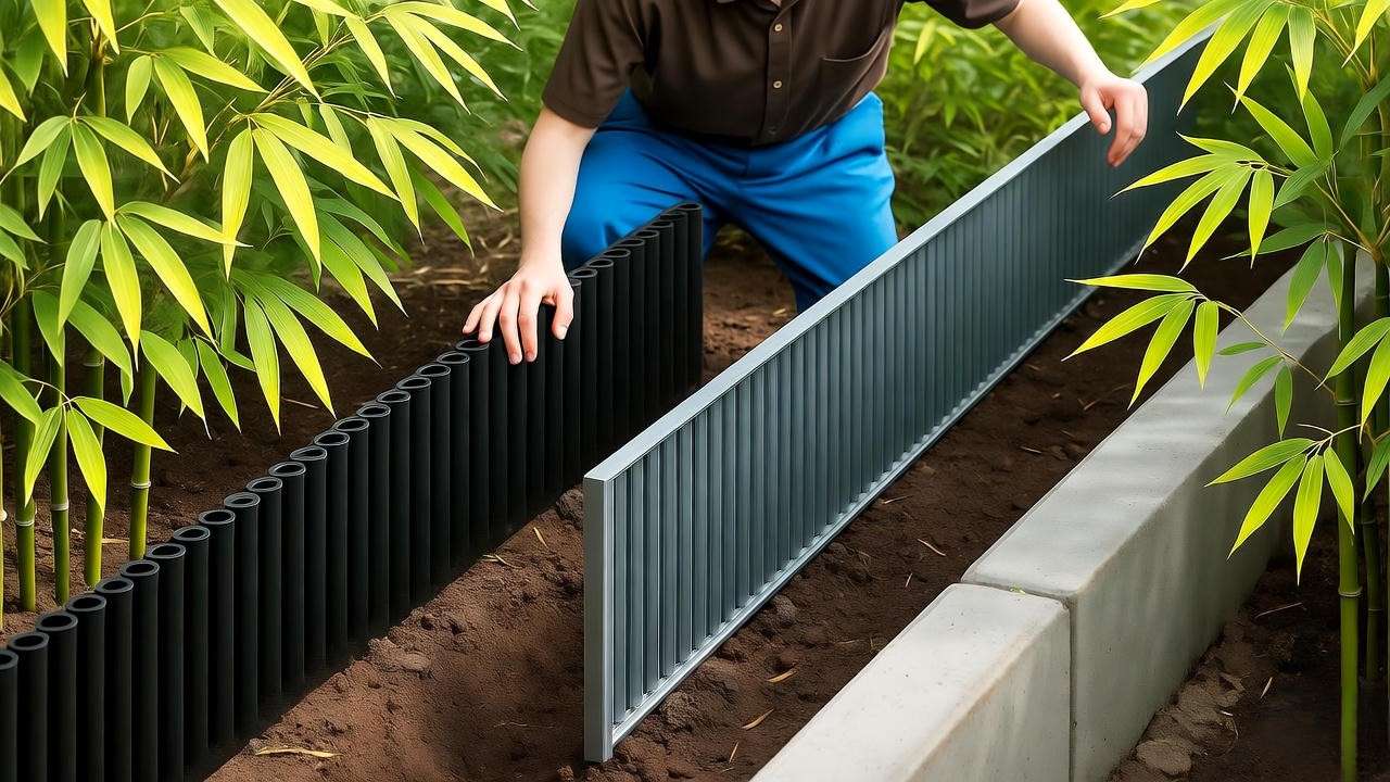 Comparison of HDPE, metal, and concrete bamboo barriers in a garden trench.