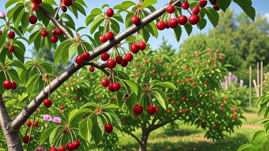  "Cherry tree with ripe fruit and netting in a summer garden with bees."
