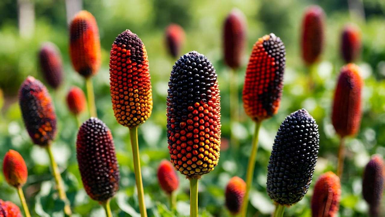 Close-up of broom corn seed heads in red, black, and gold, showcasing vibrant textures in a garden setting.