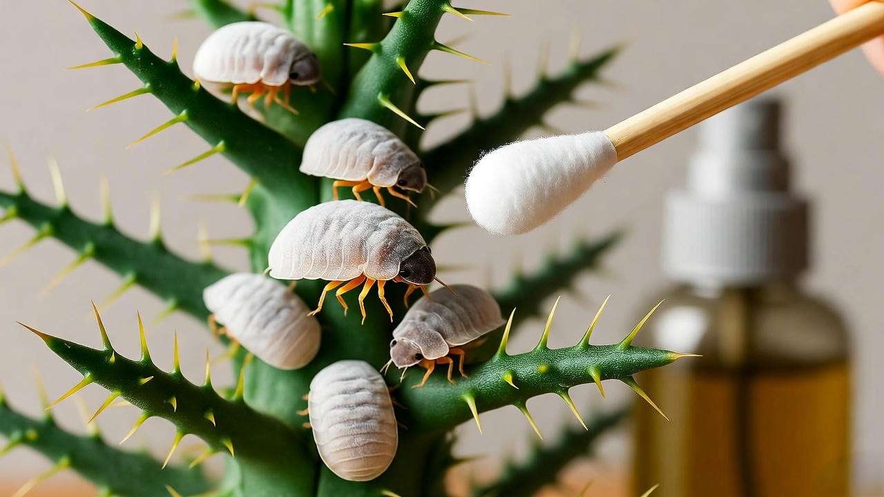 mealybug infestation on hedgehog plant treated with isopropyl alcohol