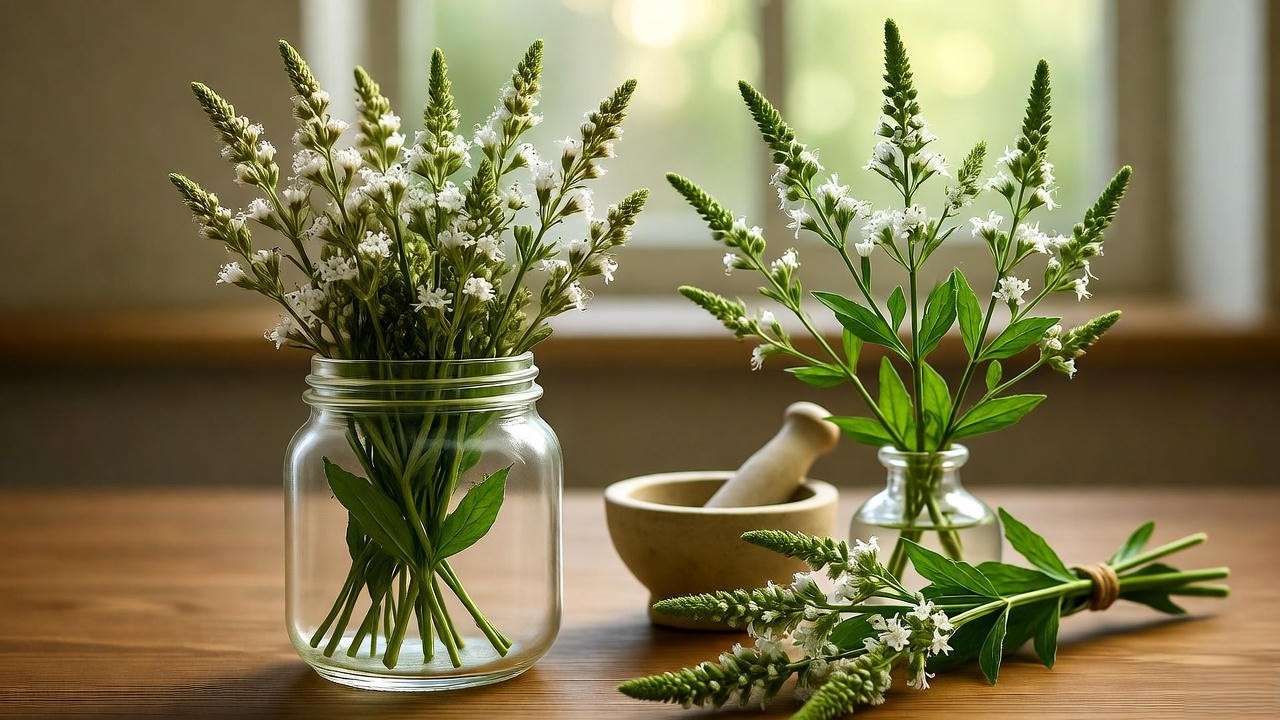 Dried white vervain herb in glass jar for medicinal tea and tinctures