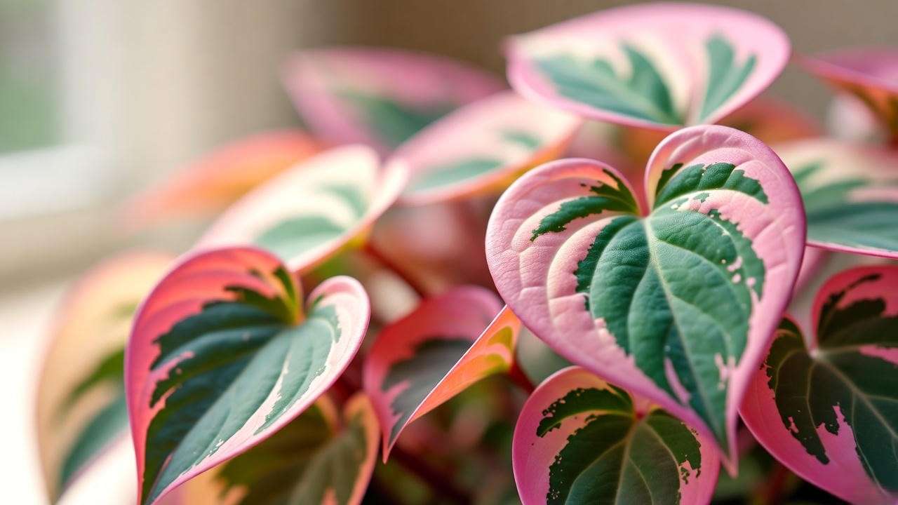Close-up of calico kitten plant variegated leaves showing pink, cream, and green patterns