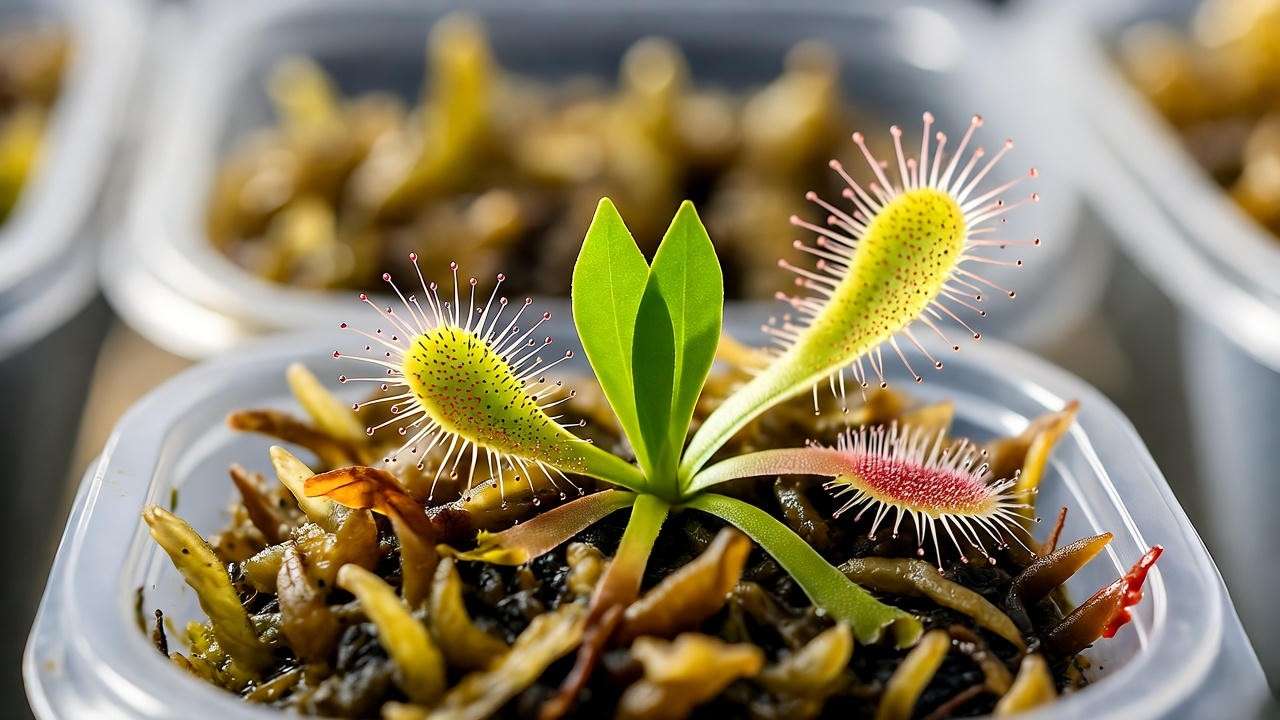 Sundew leaf cutting with root development on sphagnum moss.
