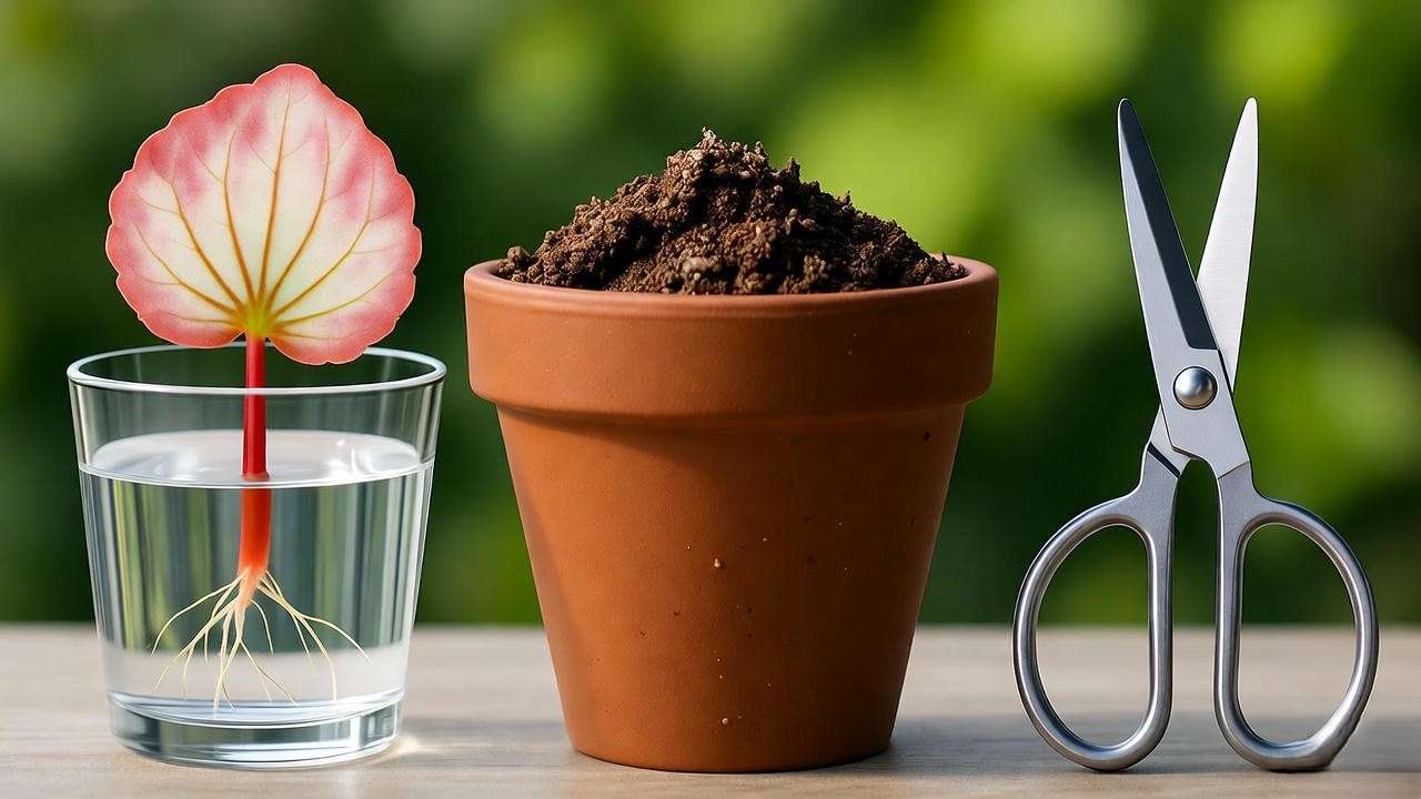 "Step-by-step propagation of a begonia pink plant with leaf cutting in water and pot, showing roots and clean tools."